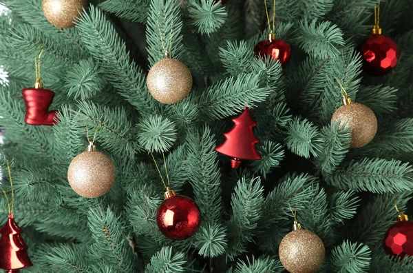 Kerstboom Met Goud Rode Ballen Kerstkaart Bovenaanzicht Stockfoto