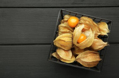 Siyah ahşap arka planda Physalis Peruviana meyvesi. Metin için boşluk