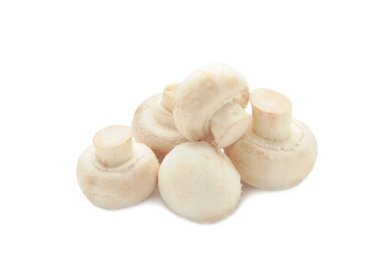 Beyaz arka planda izole edilmiş taze şampiyon mantarları. en üstteki görünüm