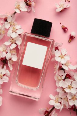 Pembe arka planda, bahar kayısı ve kiraz çiçekli bir şişe kadın parfümü. Üst görünüm