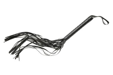 Beyaz arka planda izole edilmiş deri bdsm kırbaç. BDSM için erotik oyuncaklar. Üst görünüm