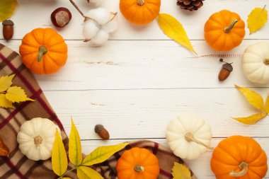 Sonbahar kompozisyonu. Beyaz arka planda sonbahar yapraklı beyaz ve turuncu balkabağı.