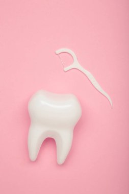 Diş ipiyle beyaz sağlıklı diş ipi. Ağız bakımı ürünleri, hijyen temizliği kişisel kullanım yaşam tarzı kavramı