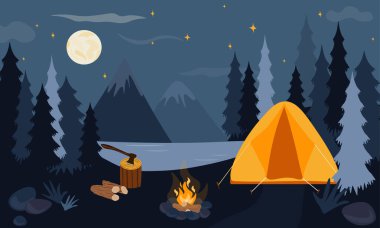 Kamp konsepti. Manzara, dağlar, orman, çadır ve kamp ateşi. Doğada kamp yapmak. Dağlarda yaz kampı. Pankart, poster, web sitesi, amblem, logo için tasarım. Üst görünüm