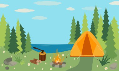 Kamp konsepti. Manzara, orman, çadır ve kamp ateşi tasviri. Doğada kamp yapmak. Yaz kampı. Üst görünüm