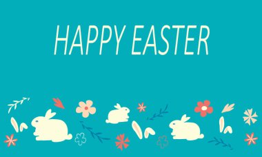 Paskalya bayrağınız kutlu olsun. Mavi arka planda tipografi, yumurta, tavşan kulaklı moda Paskalya tasarımı. Modern minimal stil. Yatay poster, tebrik kartı, web sitesi başlığı. Üst görünüm