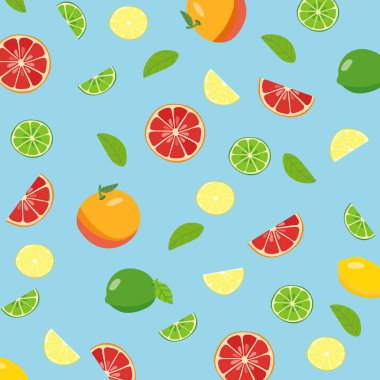 Limon, kireç, portakal ve greyfurtlu dikişsiz çiçek deseni mavi arka planda. Üst görünüm
