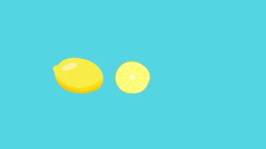 Limon, greyfurt, mavi arka planda hareket eden portakal animasyonu. Meyve, turunçgiller, renk ve şablon konsepti dijital olarak üretilen video.