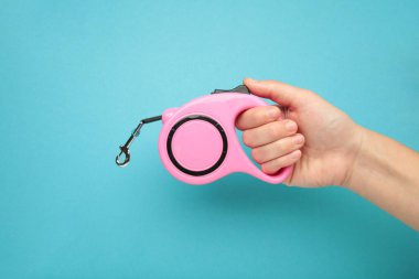 Mavi arka planda geri çekilebilir köpek tasmasını tutan bir el. Üst görünüm