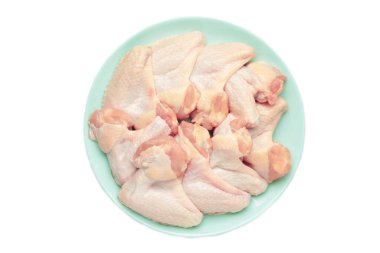 Beyaz arka planda izole edilmiş naneli tabakta çiğ tavuk kanadı. Üst görünüm