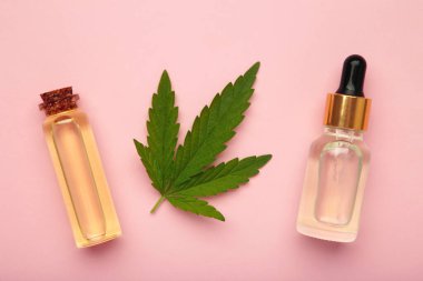 CBD yağlı cam şişeler, THC tentür, pembe arka planda kenevir yaprakları. Düzlük, minimalizm. Kozmetik CBD kenevir yağı