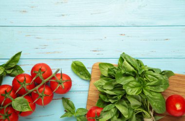 Mavi arka planda kiraz domatesleri ve yeşil fesleğen. Üst görünüm