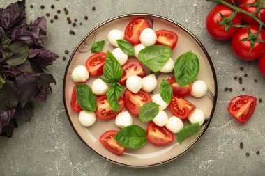 Çeri domatesli İtalyan Caprese salatası mozzarella, gri beton arka planda fesleğen. Üst görünüm