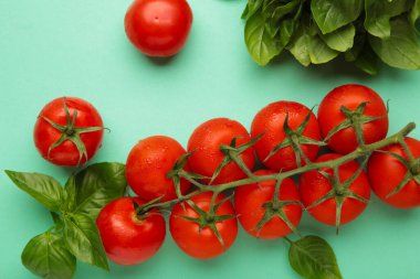 Nane arkaplanda vişneli domates ve yeşil fesleğen. Üst görünüm