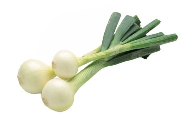 Beyaz arka planda yeşil soğan izole edilmiş. Üst görünüm