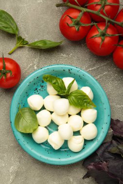 Çeri domatesli İtalyan Caprese salatası mozzarella, gri beton arka planda fesleğen. Üst görünüm