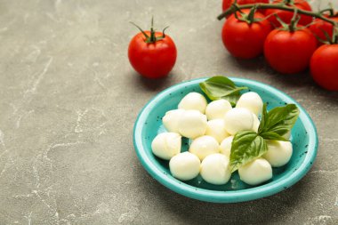 Çeri domatesli İtalyan Caprese salatası mozzarella, gri beton arka planda fesleğen. Üst görünüm