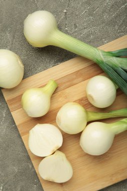 Gri beton arka planda yeşil soğan. Üst görünüm