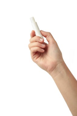 Beyaz arka planda izole edilmiş dudak kremi. Üst görünüm