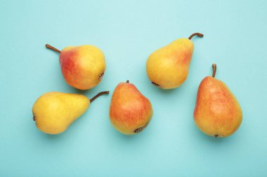 Mavi arka planda taze armut meyvesi, sağlıklı meyve. Üst görünüm