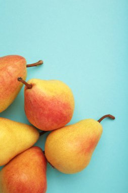 Mavi arka planda taze armut meyvesi, sağlıklı meyve. Üst görünüm