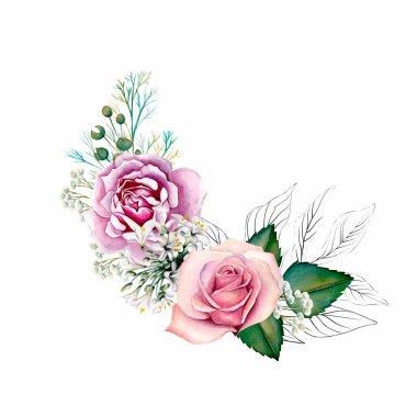 Suluboya çiçek buketi, kompozisyon, yeşil yapraklı, pembe çiçekler. Düğün davetiyeleri, duvar kağıtları, moda için. Gül, manolya, yeşil yapraklar, agapanthus. Beyaz arkaplanda resimler
