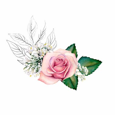 Suluboya çiçek buketi, kompozisyon, yeşil yapraklı, pembe çiçekler. Düğün davetiyeleri, duvar kağıtları, moda için. Gül, manolya, yeşil yapraklar, agapanthus. Beyaz arkaplanda resimler