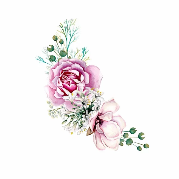 Akvarel Květinová Kytice Kompozice Zelenými Listy Růžové Květy Svatební Pozvánky — Stock fotografie