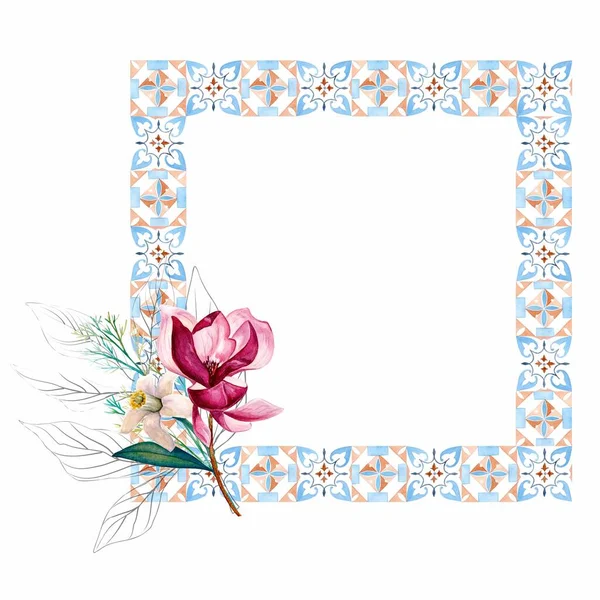 Акварель Цветочный Венок Рамка Зелеными Листьями Розовые Цветы Свадебных Приглашений — стоковое фото
