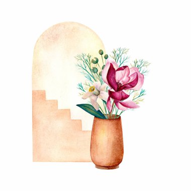 Suluboya çelenk, çerçeve, yeşil yapraklar, pembe çiçekler. Düğün davetiyeleri, duvar kağıtları, moda için. Gül, manolya, yeşil yapraklar, agapanthus. Beyaz arkaplanda resimler