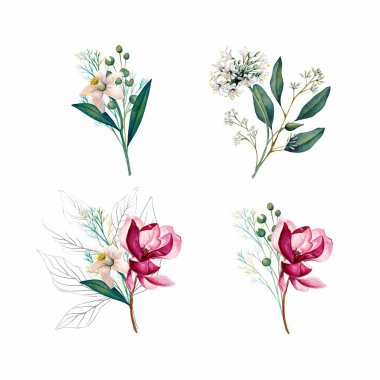 Suluboya çelenk, çerçeve, yeşil yapraklar, pembe çiçekler. Düğün davetiyeleri, duvar kağıtları, moda için. Gül, manolya, yeşil yapraklar, agapanthus. Beyaz arkaplanda resimler