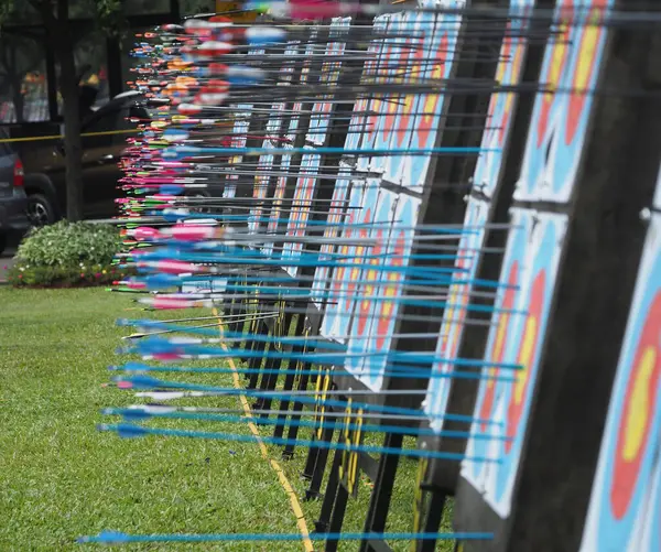 stock image Archery target with arrows in the park, closeup of photo