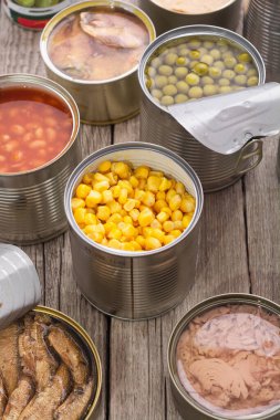 Çeşitli konserve yiyecekler. Balık, et ve sebze. Arkaplanı koru