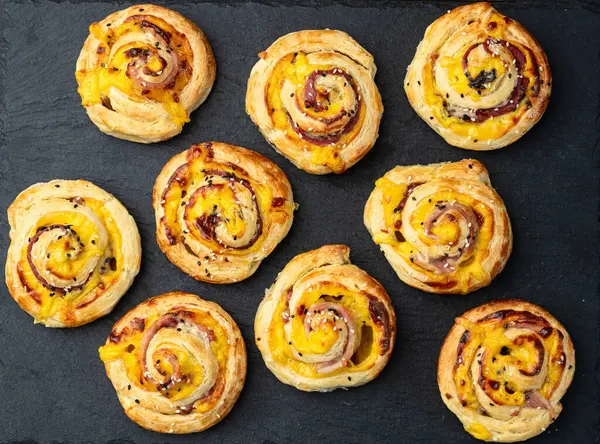 stock image Homemade Puff pastry pinweel ( rolls ) Mini pizza top view