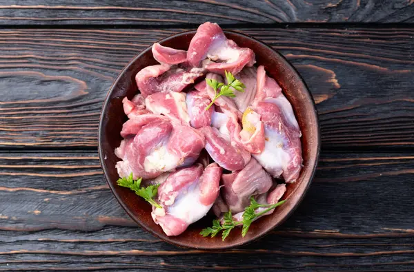 Kyckling Krås Krås Mage Kött Bakgrund Ovanifrån — Stockfoto
