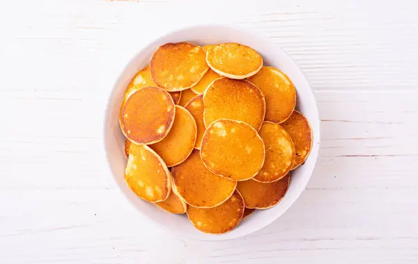 Mini Pannenkoeken Heerlijk Ontbijt Voedselachtergrond Stockfoto