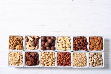 Fındık karışımı. Gıda arkaplan üst görünümü