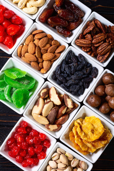 Mix of dried and candied fruits and nuts . Top view