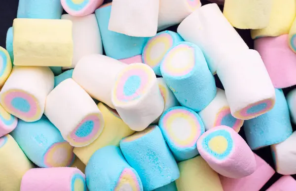 Zoet Dessert Snoepjes Van Marshmallow Voedselachtergrond Bovenaanzicht Stockafbeelding