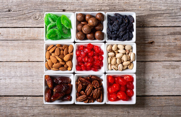 Mix of dried and candied fruits and nuts . Top view