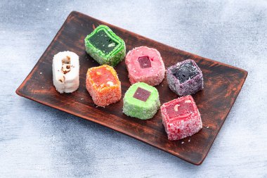 Türk lokum şekeri. Raf lokum fotoğrafçılık. Üst görünüm