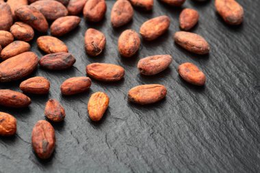 Kakao çekirdeği tanecikleri. Çikolata hazırlamak için gerekli malzemeler. Yemek arkaplanı. Üst görünüm