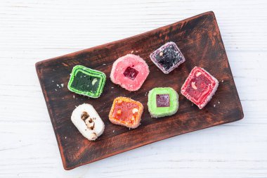 Türk lokum şekeri. Raf lokum fotoğrafçılık. Üst görünüm