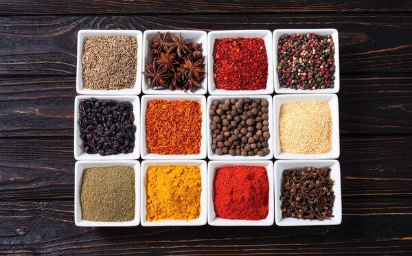 Mix of spices . Indian food background . Top view