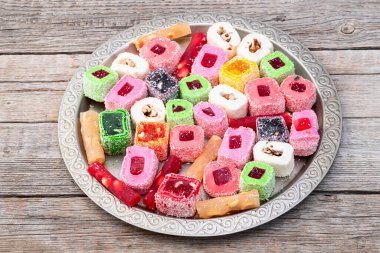 Türk lokum şekeri. Raf lokum fotoğrafçılık. Üst görünüm