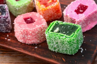 Türk lokum şekeri. Raf lokum fotoğrafçılık. Üst görünüm