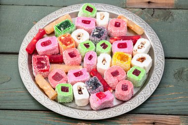 Türk lokum şekeri. Raf lokum fotoğrafçılık. Üst görünüm