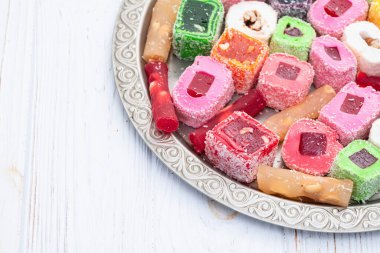 Türk lokum şekeri. Raf lokum fotoğrafçılık. Üst görünüm