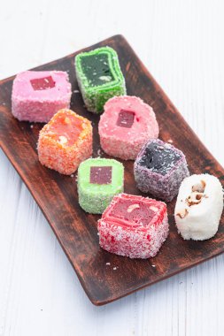 Türk lokum şekeri. Raf lokum fotoğrafçılık. Üst görünüm