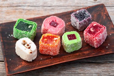 Türk lokum şekeri. Raf lokum fotoğrafçılık. Üst görünüm